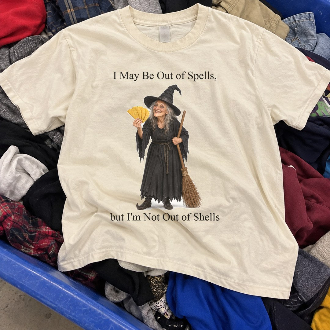 Out of Spells Not Out of Shells Shirt found in a thrift store bin