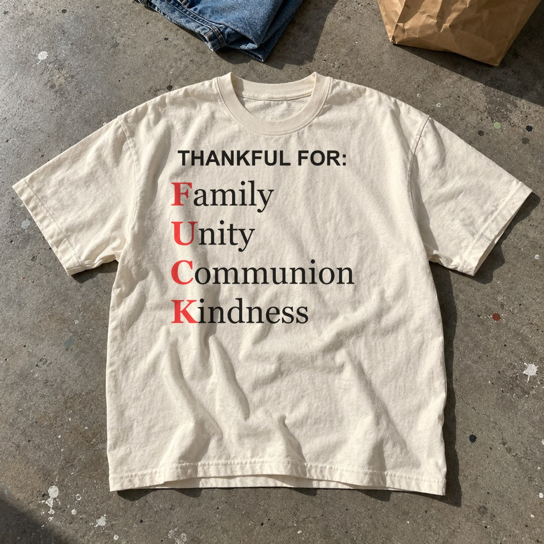 Thankful For Shirt laid flat on a basement floor