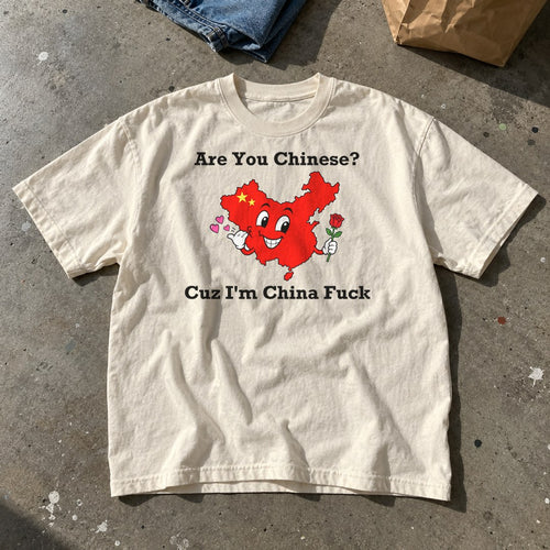 Are You Chinese Shirt laid flat on a concrete floor