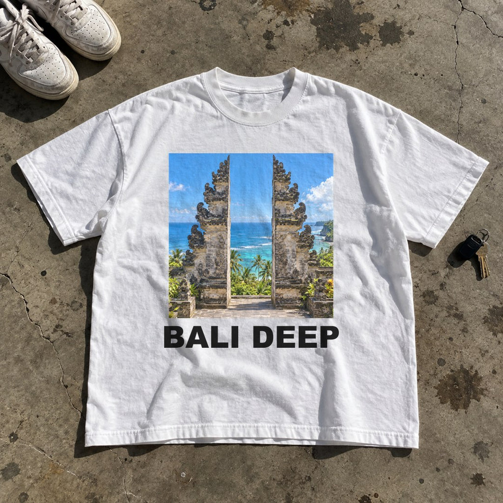 Bali Deep Shirt laid flat on a concrete garage floor