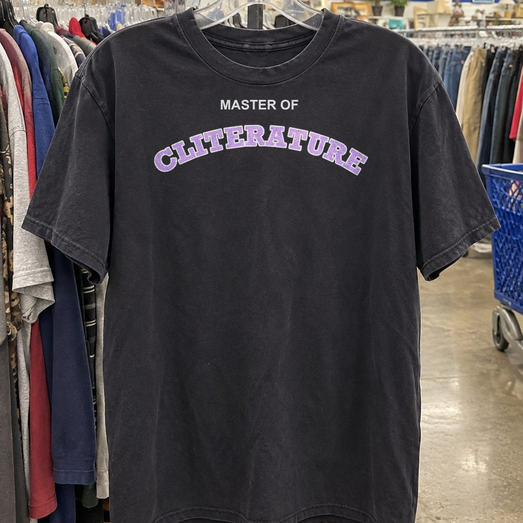Master of Cliterature Shirt on a thrift store rack