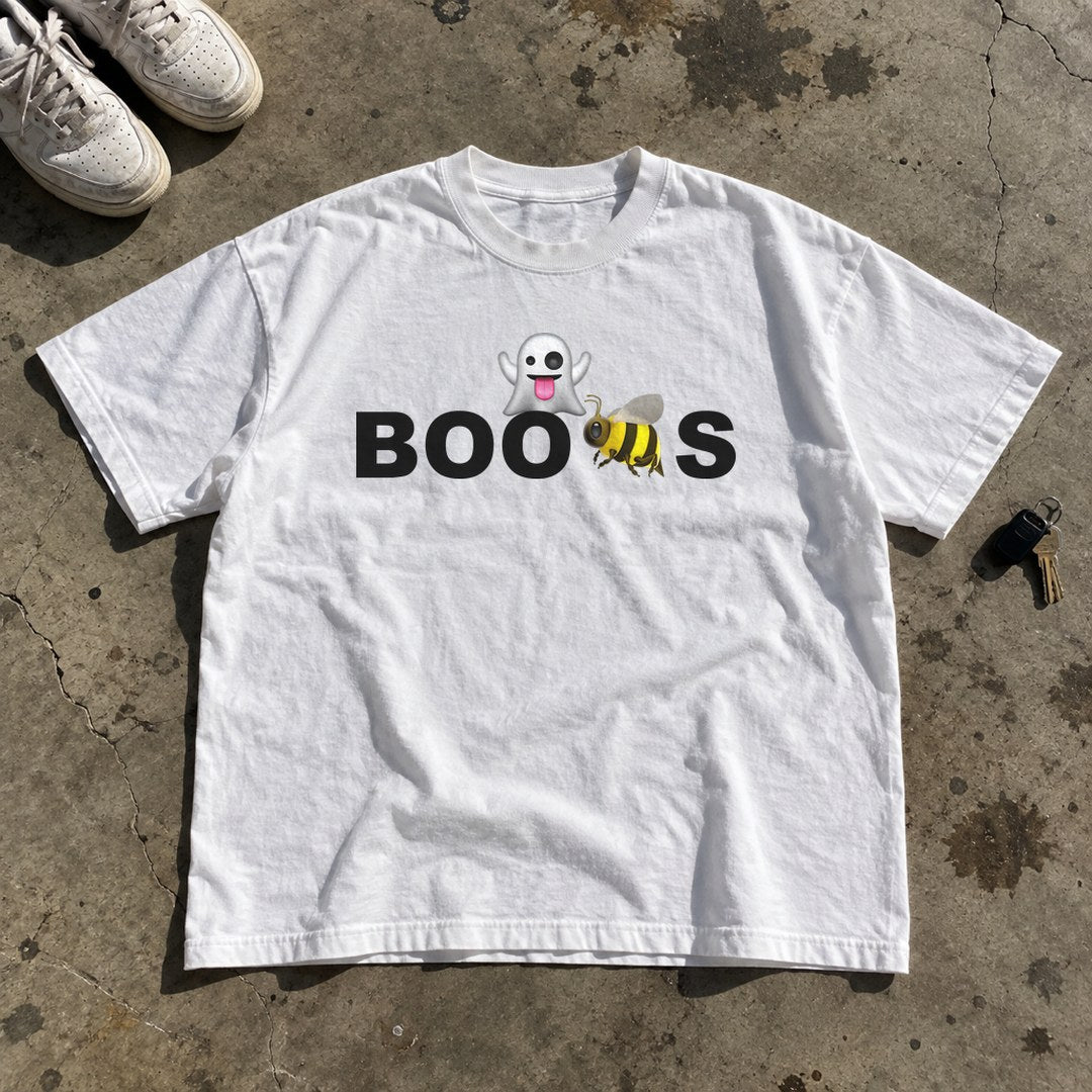 Boo Bees Shirt laid flat on a concrete garage floor