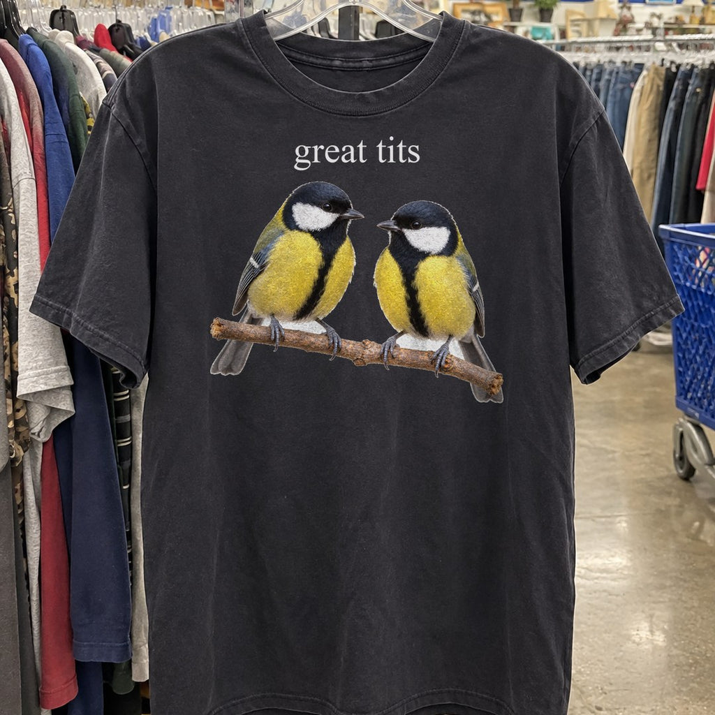 Great Tits Shirt on a thrift store rack