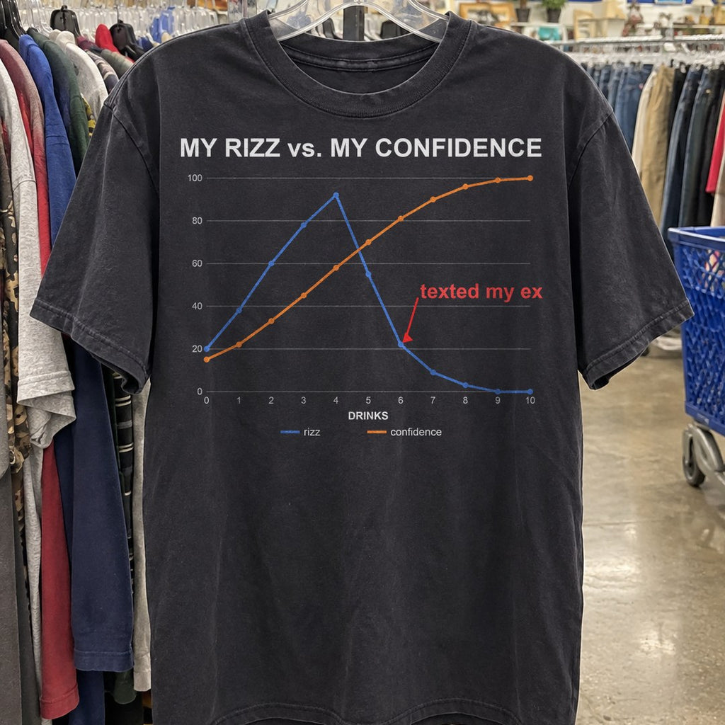 My Rizz vs My Confidence Shirt on a thrift store rack