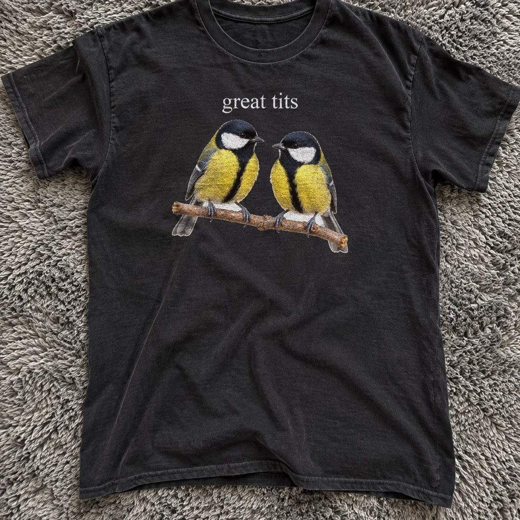Great Tits Shirt on a shag rug