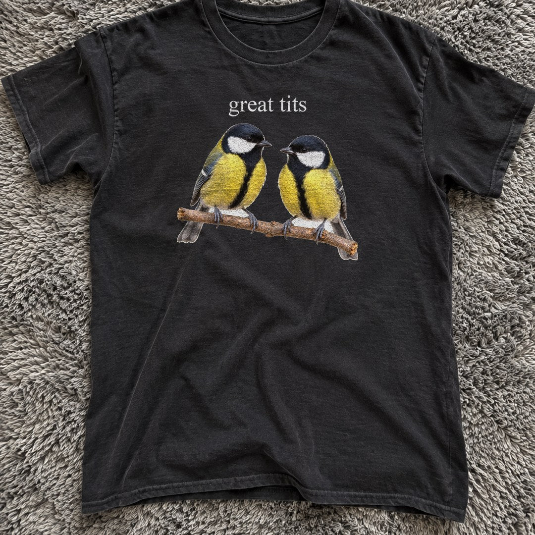 Great Tits Shirt on a shag rug