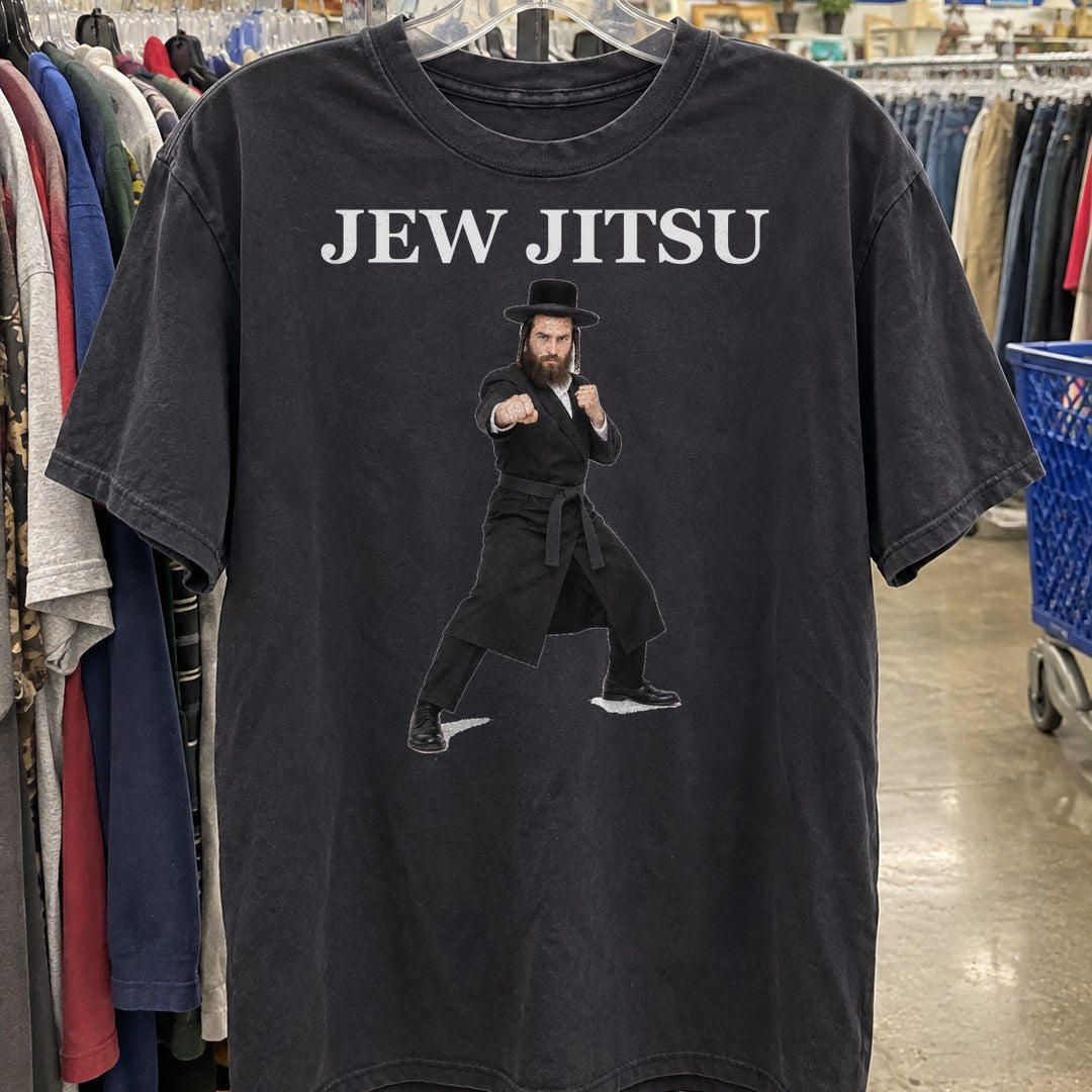 Jew Jitsu Shirt on a thrift store rack