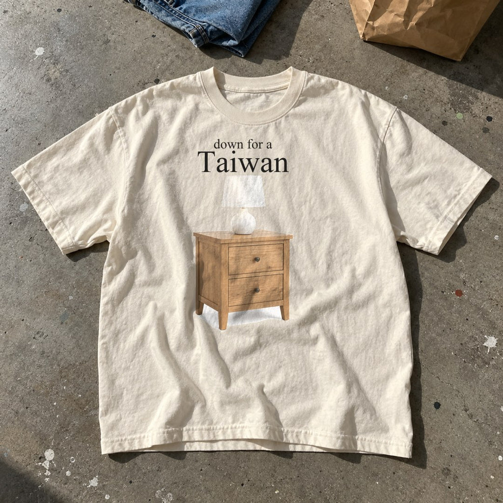Down for a Taiwan Shirt laid flat on a basement floor