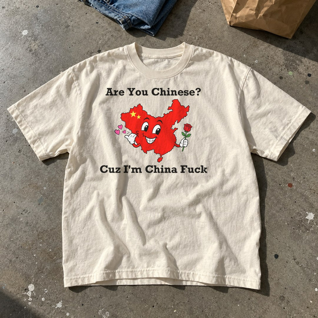 Are You Chinese Shirt laid flat on a concrete floor