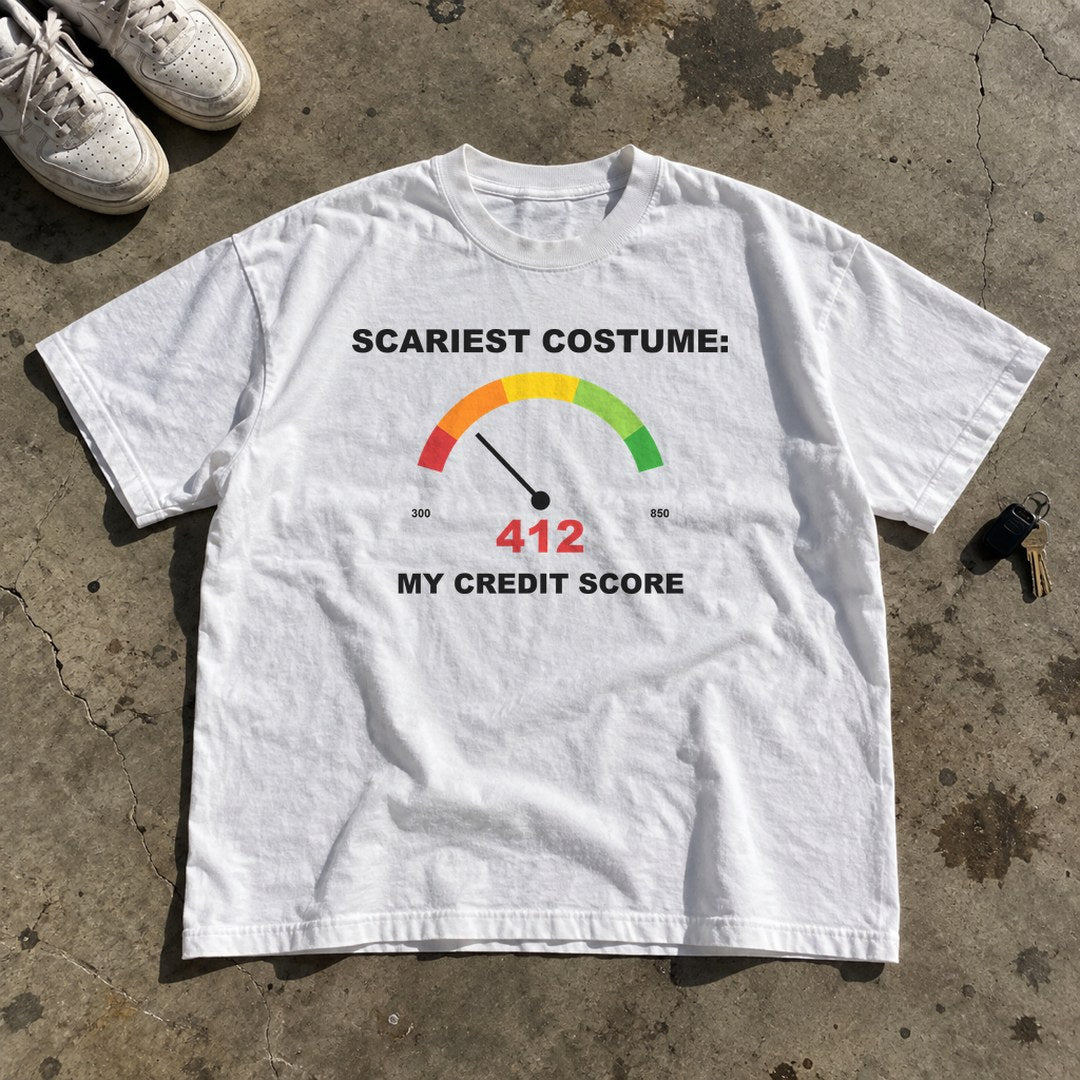 Scariest Costume My Credit Score Shirt laid flat on a concrete garage floor