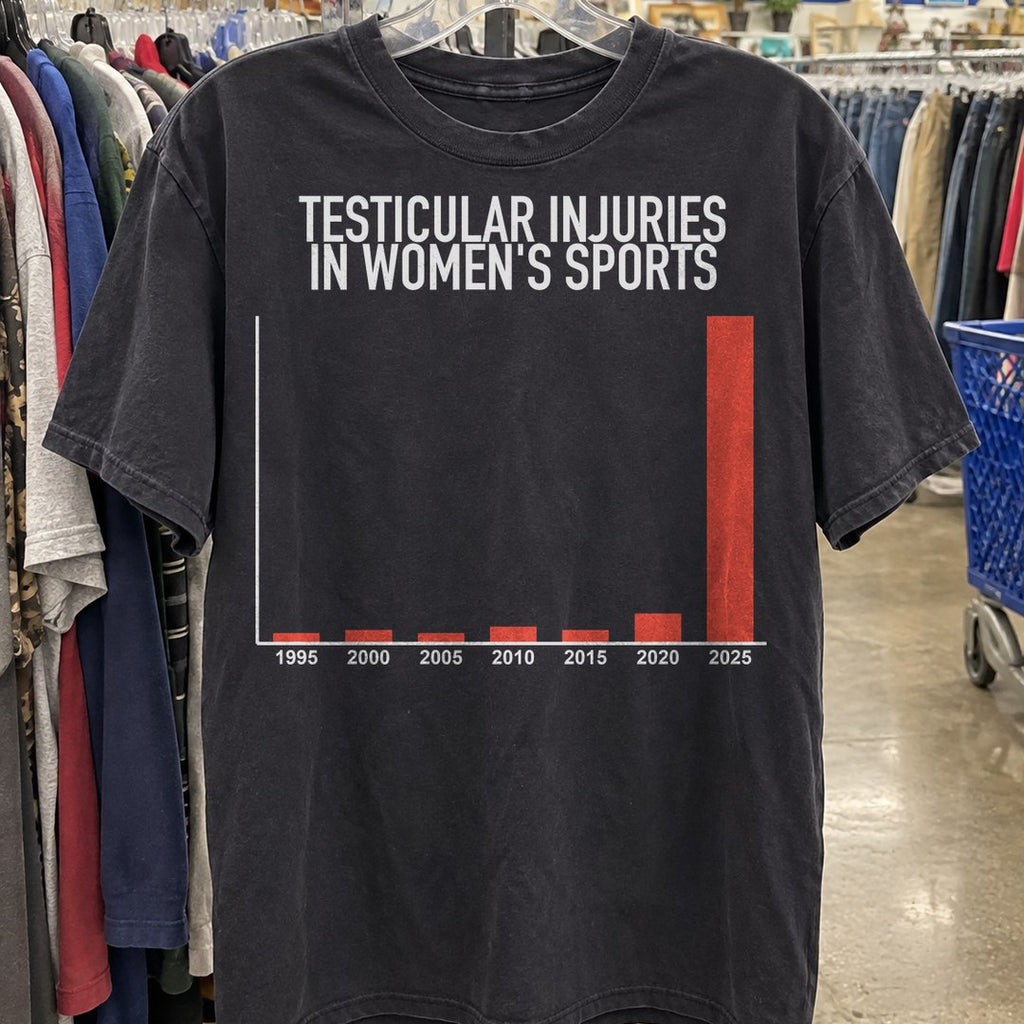 Testicular Injuries in Women's Sports Shirt on a thrift store rack