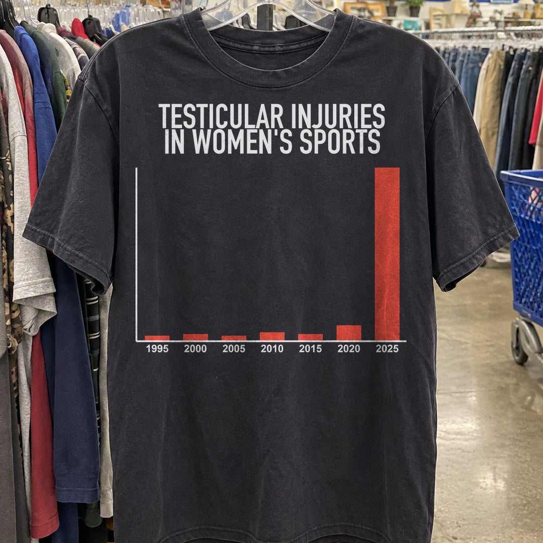 Testicular Injuries in Women's Sports Shirt on a thrift store rack