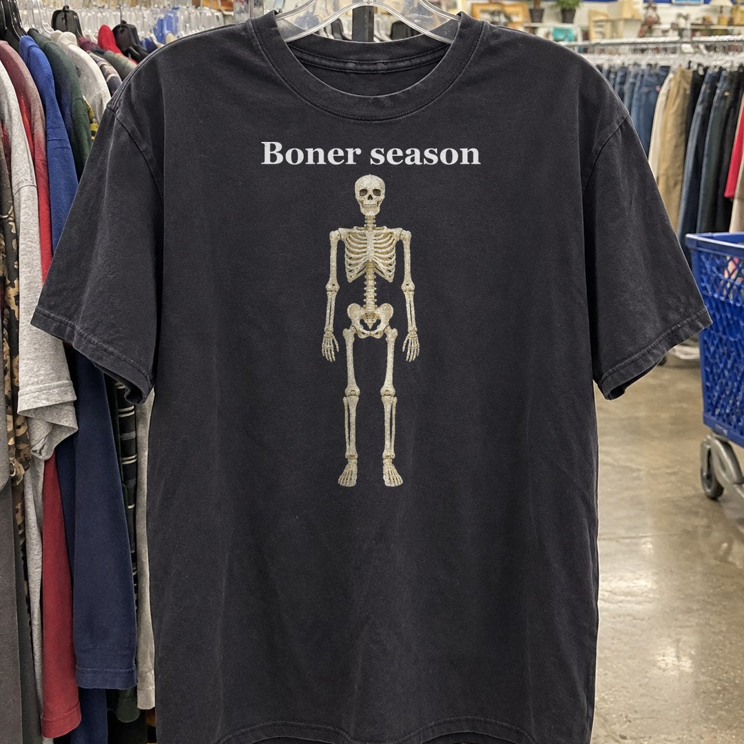 Boner Season Shirt on a thrift store rack