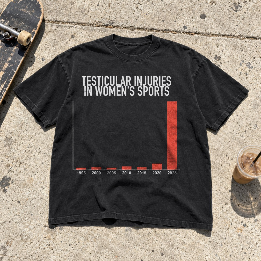 Testicular Injuries in Women's Sports Shirt laid flat on a city sidewalk