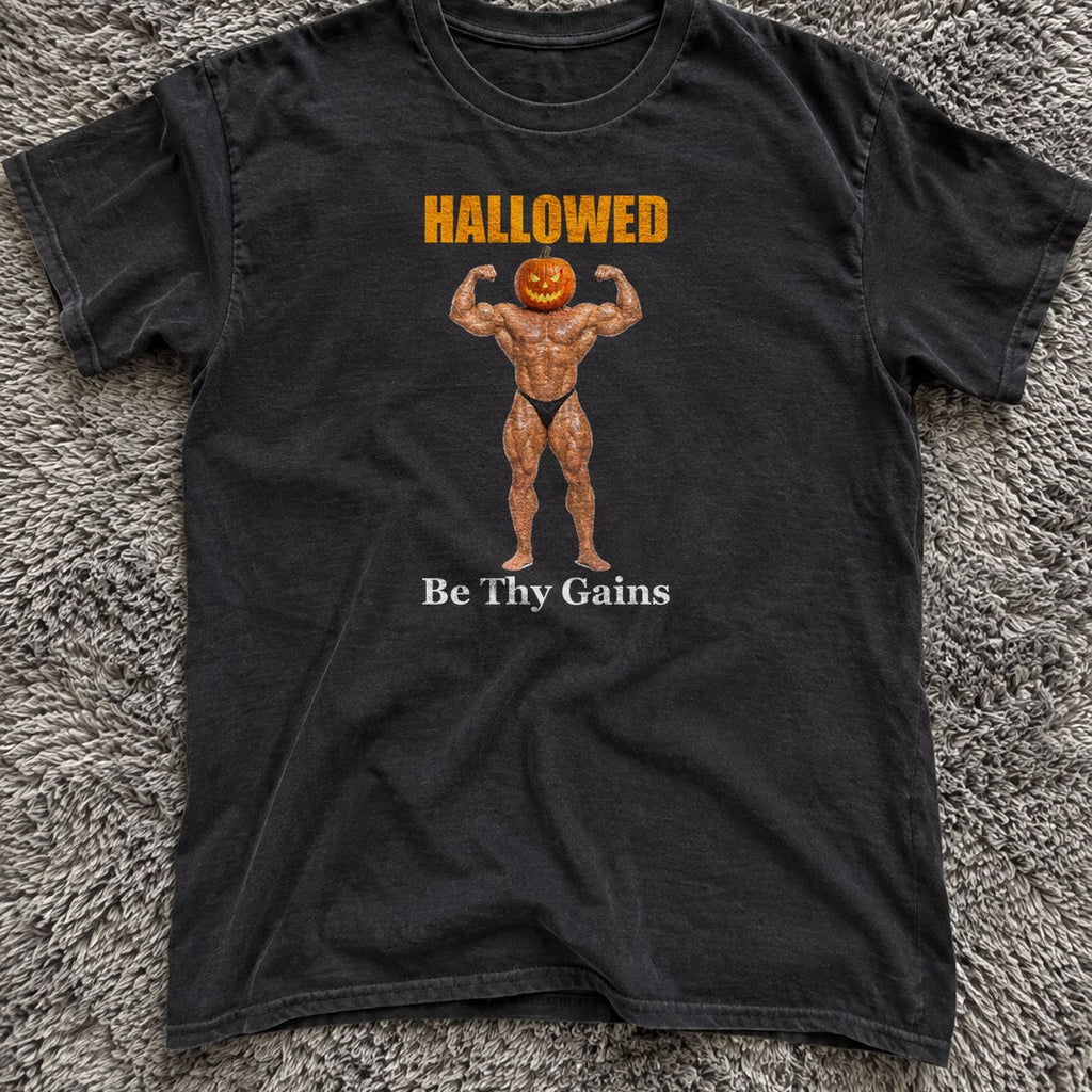 Hallowed Be Thy Gains Shirt on a grey rug