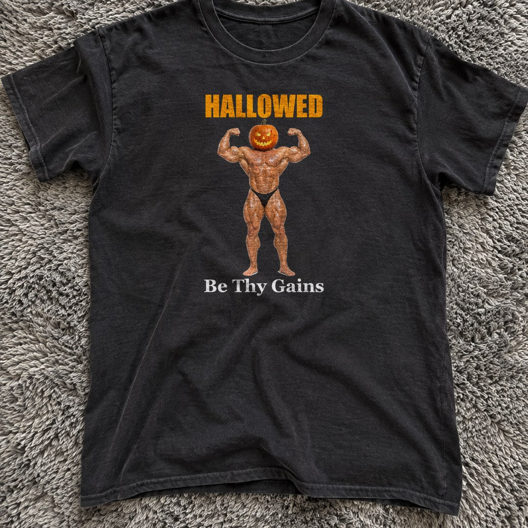 Hallowed Be Thy Gains Shirt on a grey rug