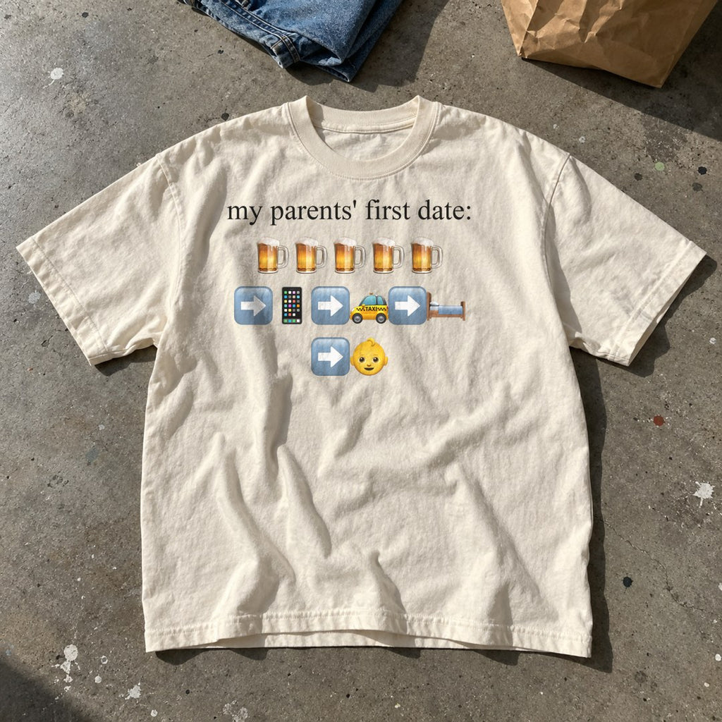 My Parents' First Date Shirt laid flat on a basement floor