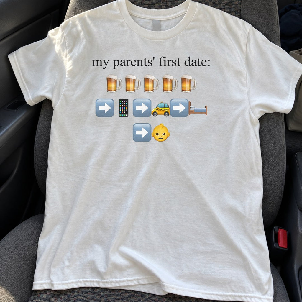 My Parents' First Date Shirt on a car seat