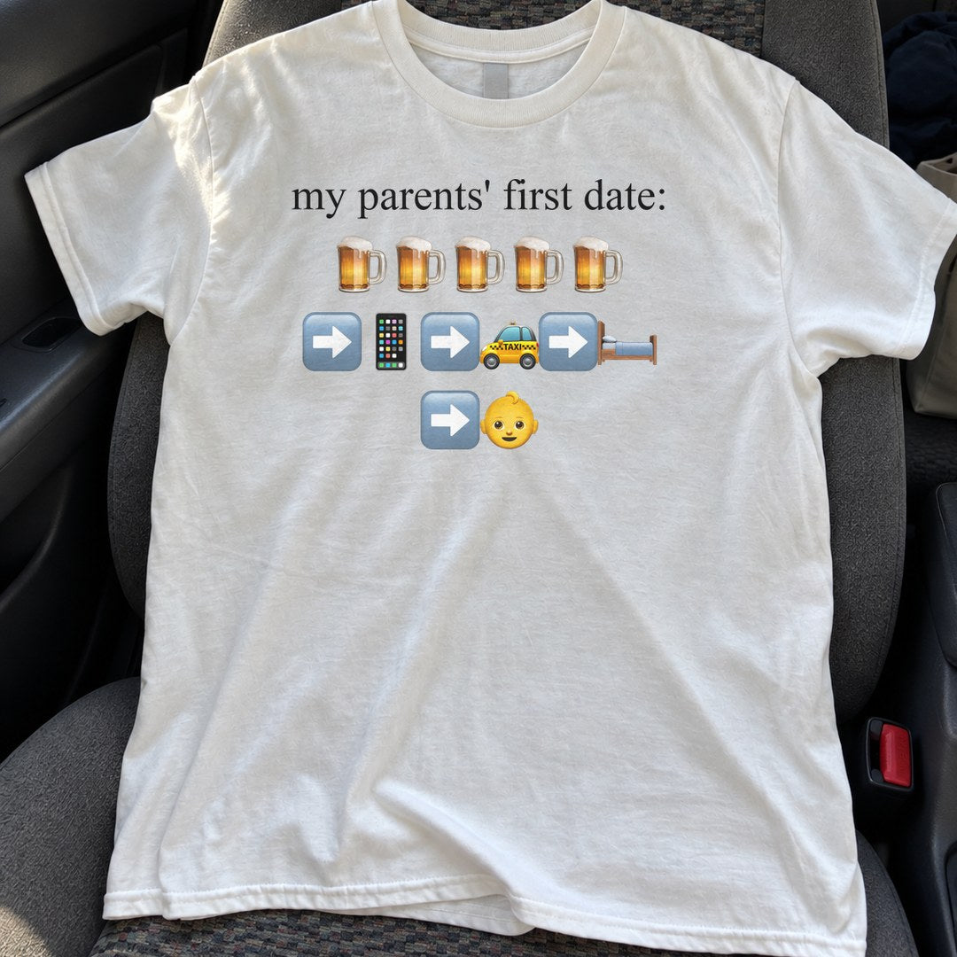 My Parents' First Date Shirt on a car seat