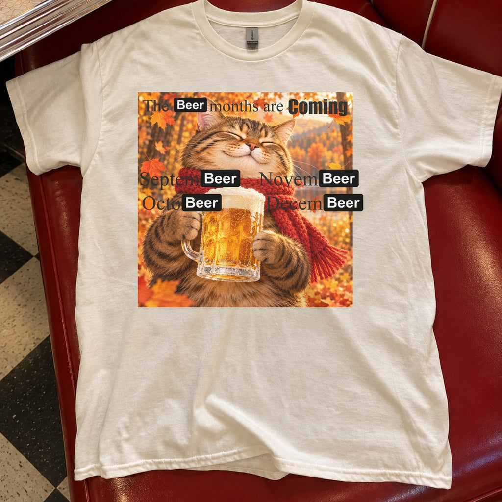 The Beer Months Are Coming Shirt in a diner booth