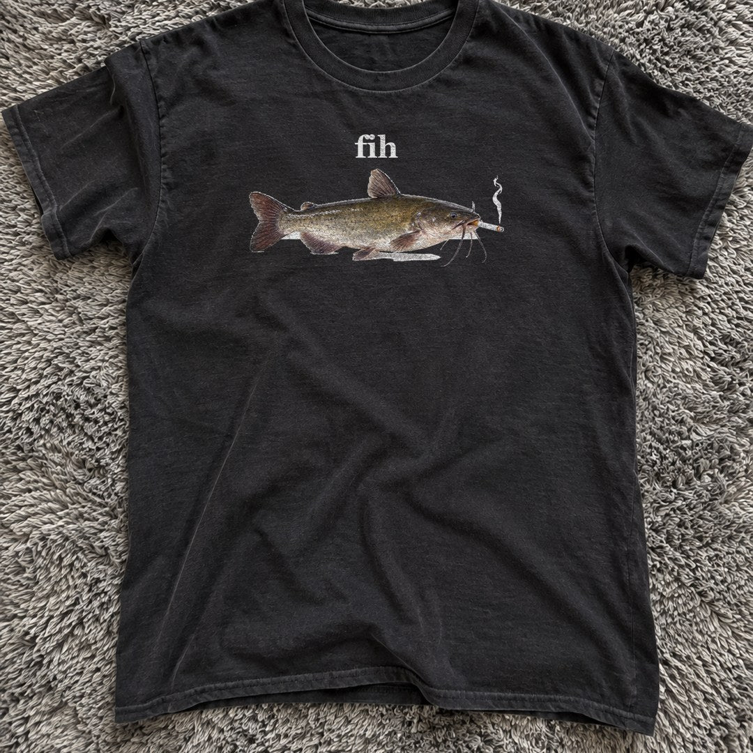 Fih Shirt on a shag rug