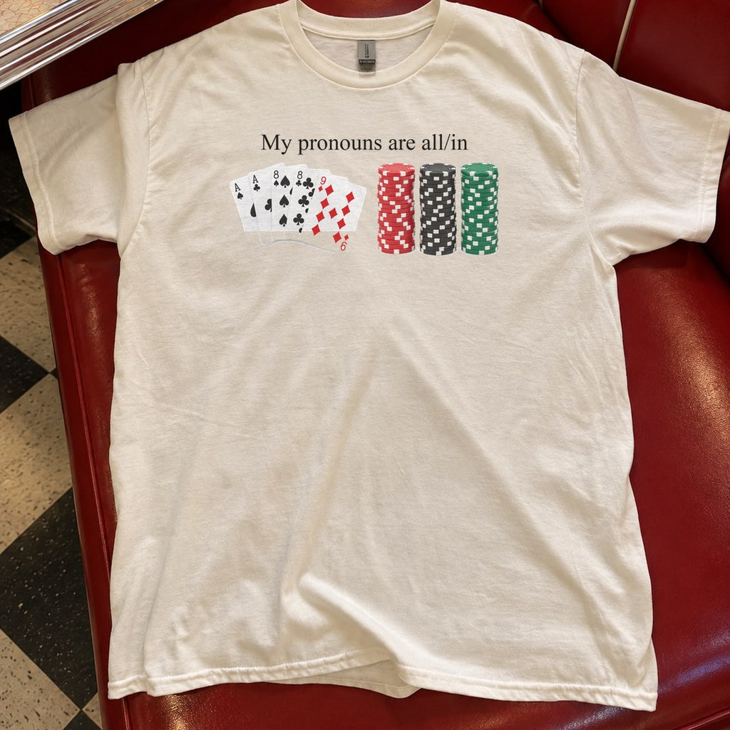 My Pronouns Are All In Shirt in a diner booth