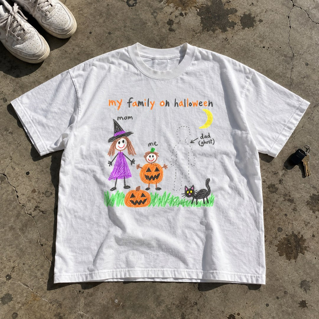 My Family on Halloween Shirt laid flat on a concrete garage floor