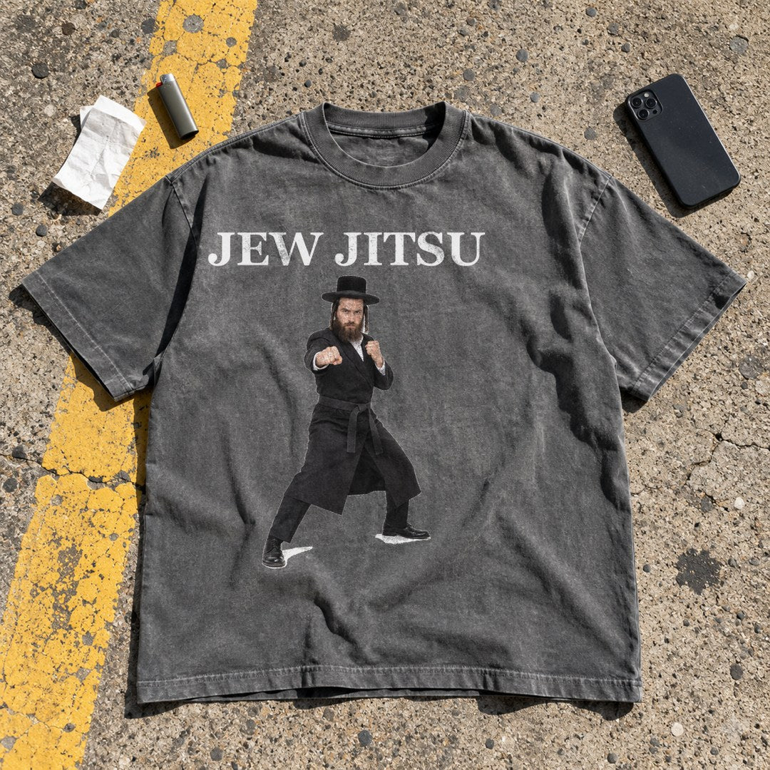 Jew Jitsu Shirt laid flat in a parking lot