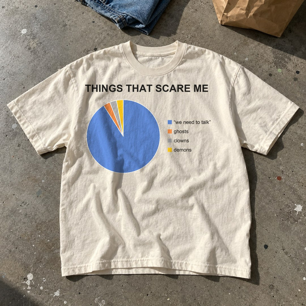 Things That Scare Me Shirt laid flat on a basement floor