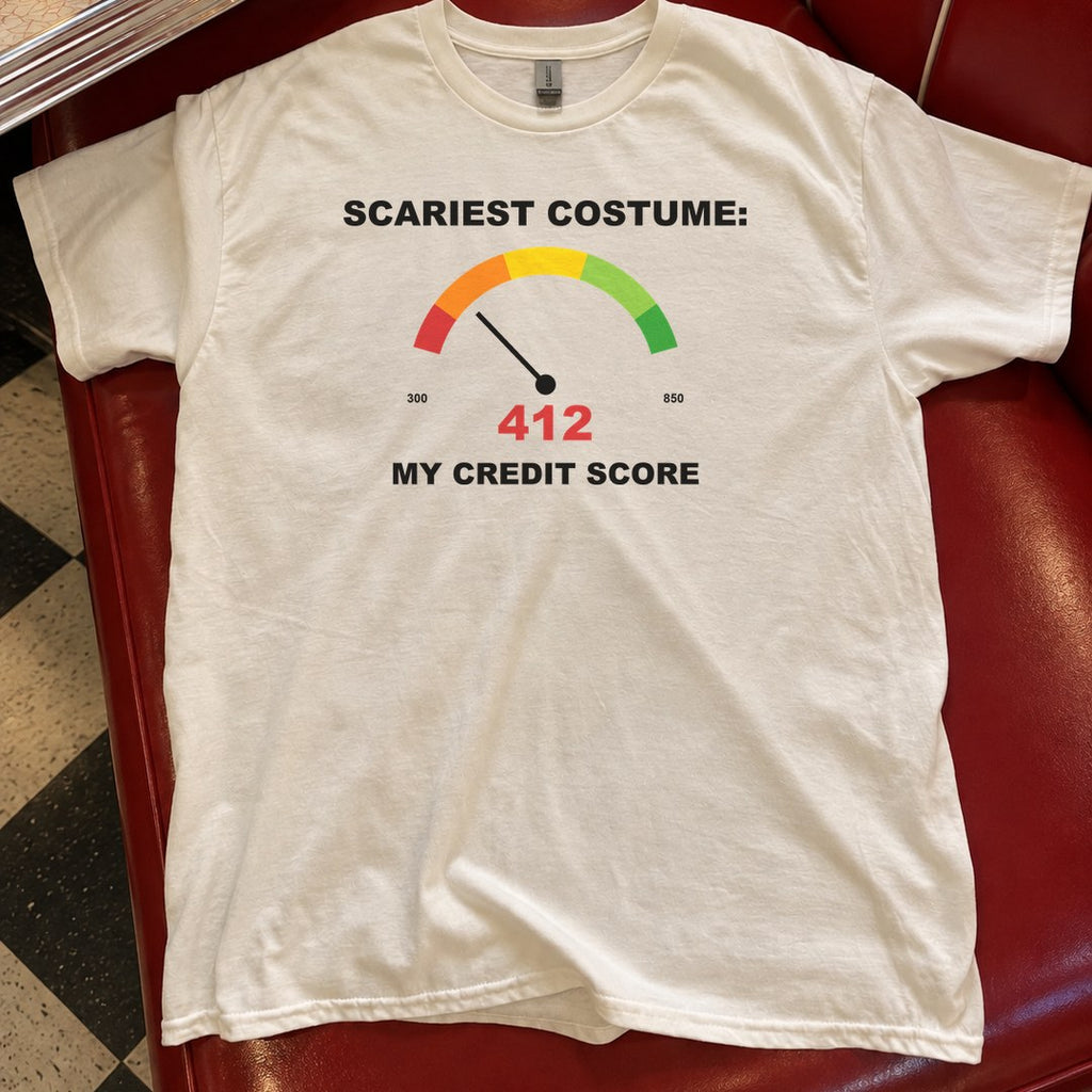 Scariest Costume My Credit Score Shirt in a diner booth