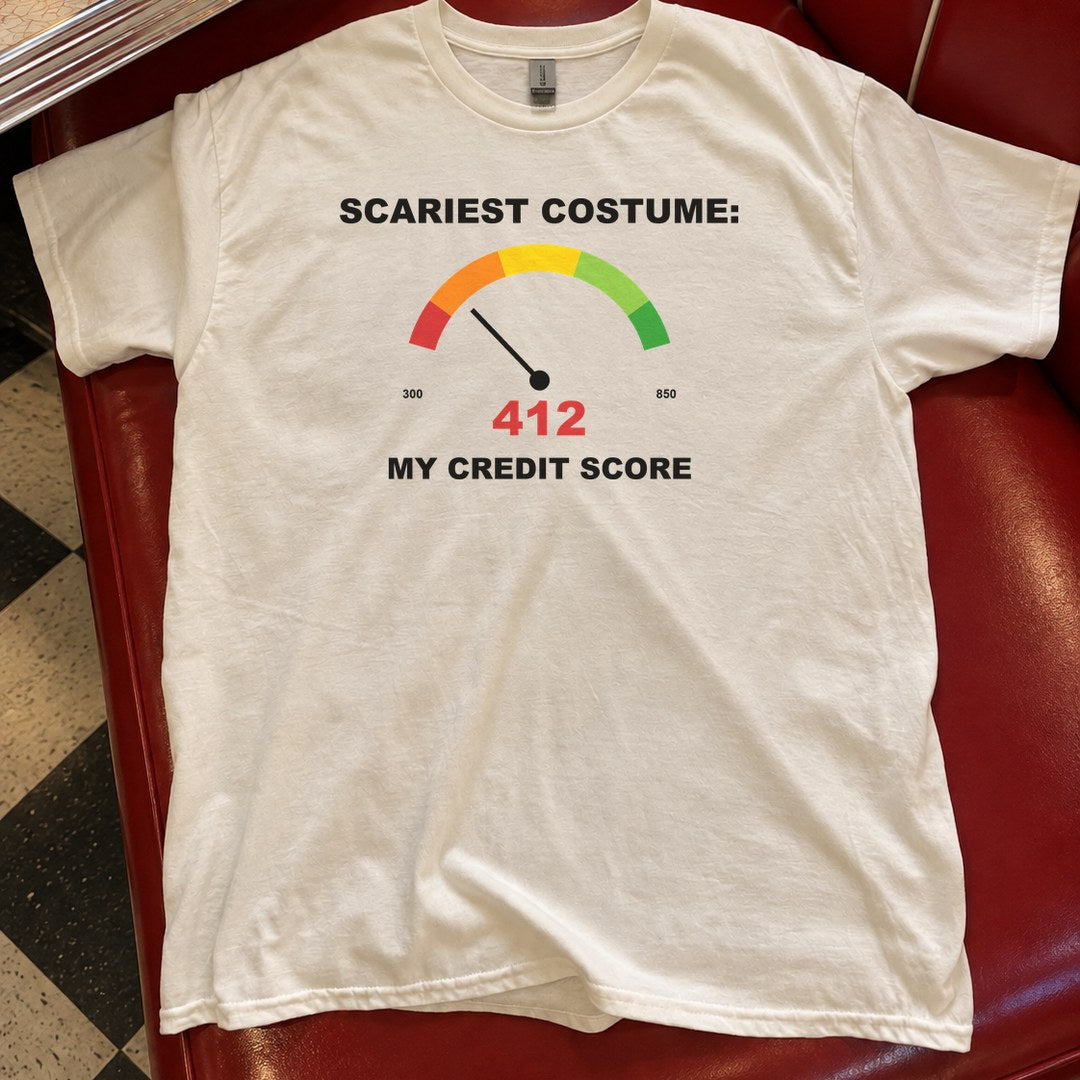 Scariest Costume My Credit Score Shirt in a diner booth