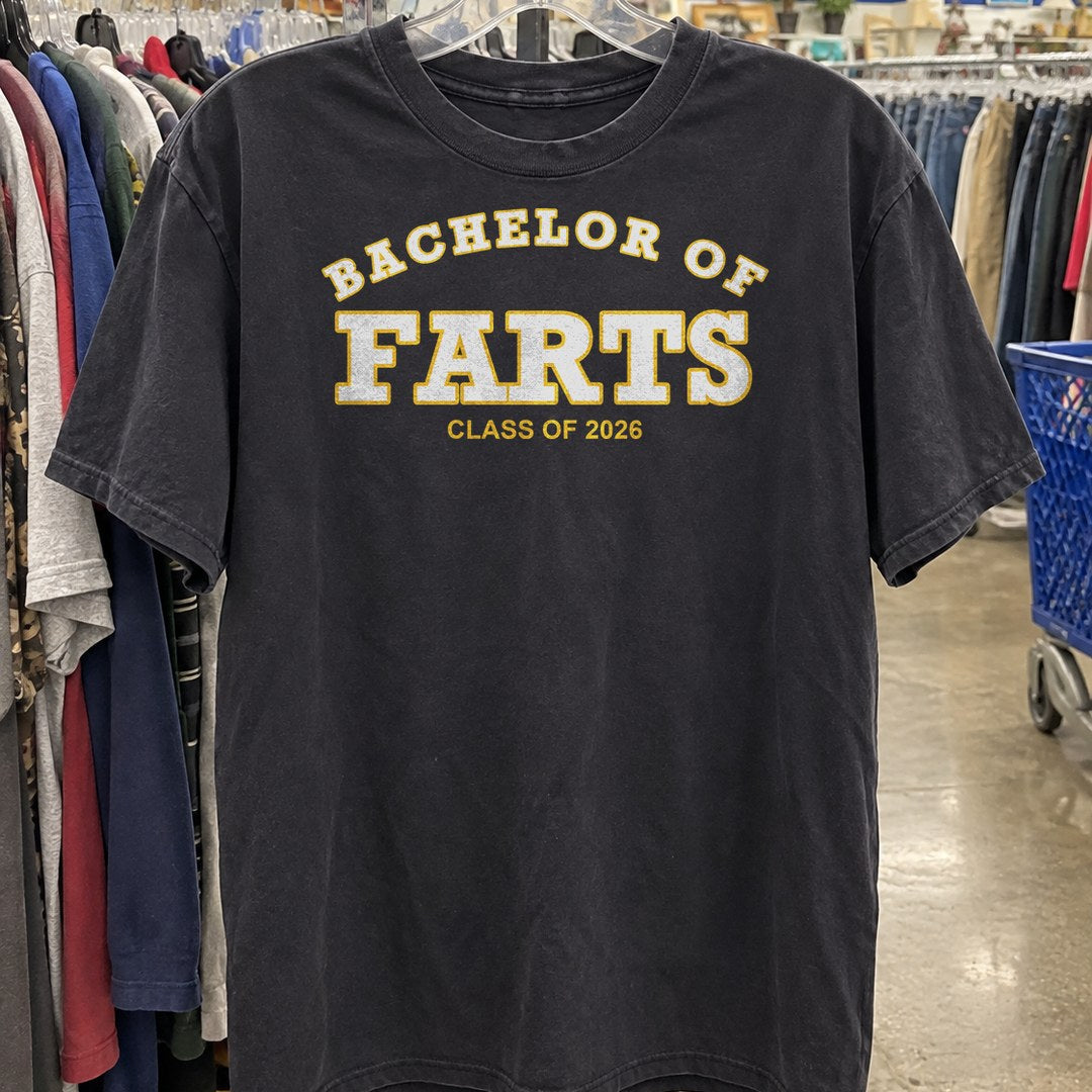 Bachelor of Farts Shirt on a thrift store rack