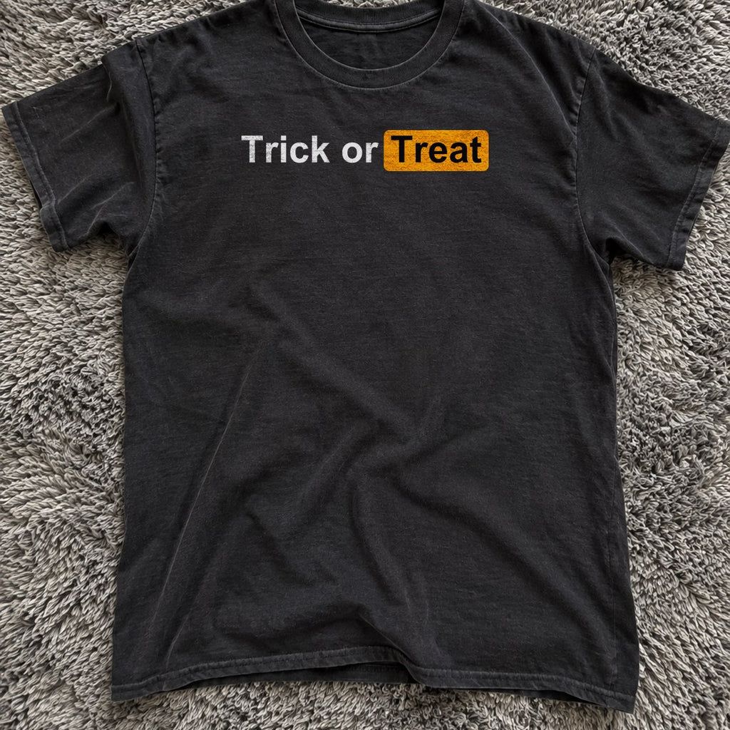 Trick or Treat Shirt on a grey rug