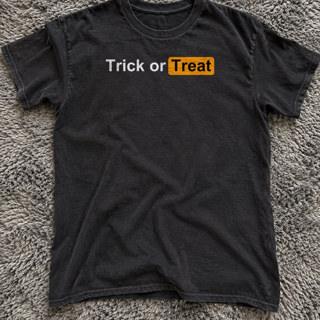 Trick or Treat Shirt on a grey rug