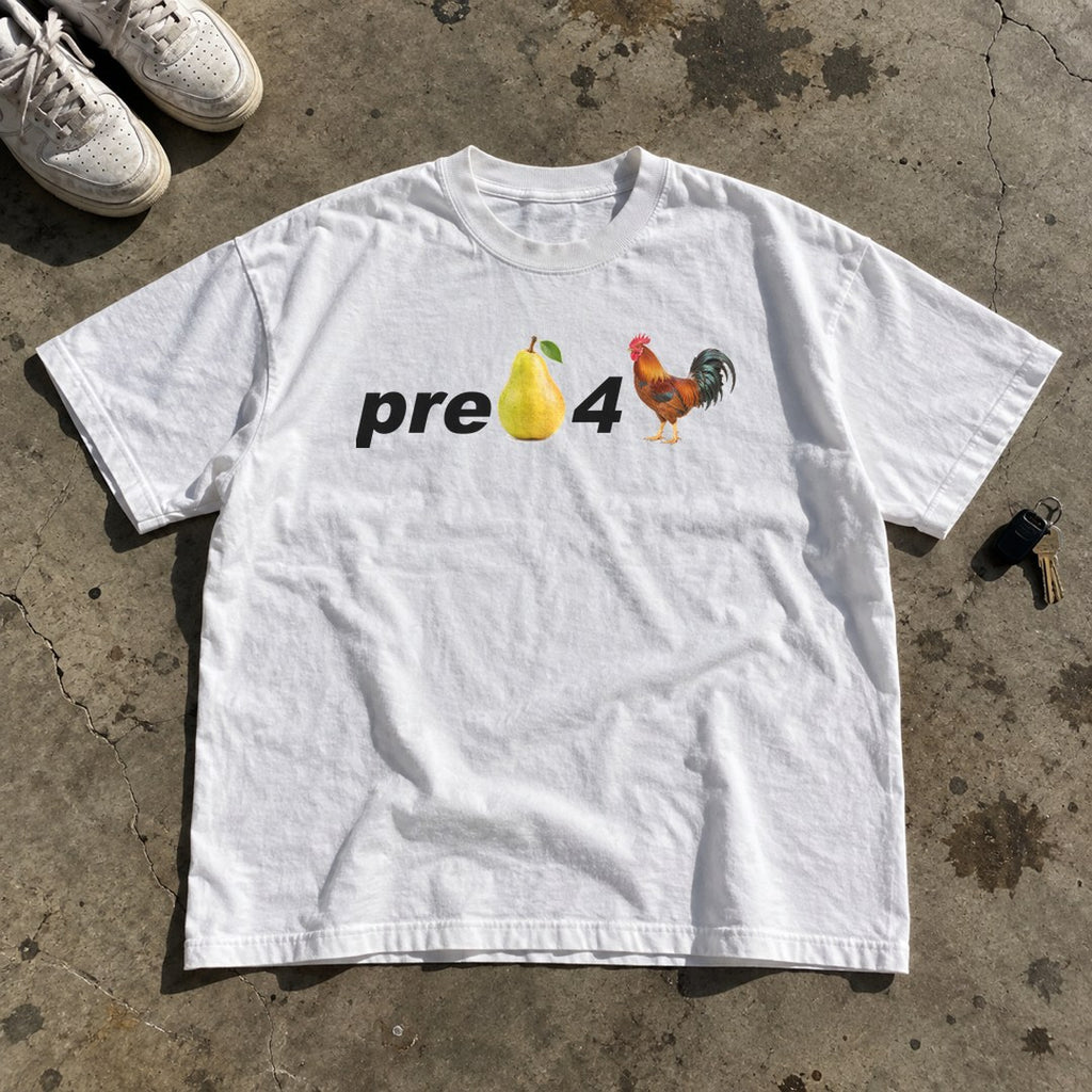 Pre Pear 4 Cock Shirt laid flat on a concrete garage floor