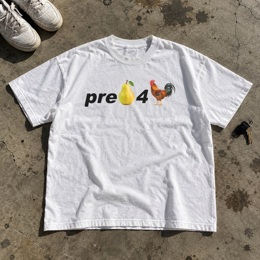 Pre Pear 4 Cock Shirt laid flat on a concrete garage floor