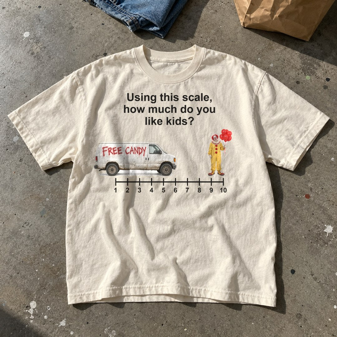 How Much Do You Like Kids Scale Shirt laid flat on a basement floor
