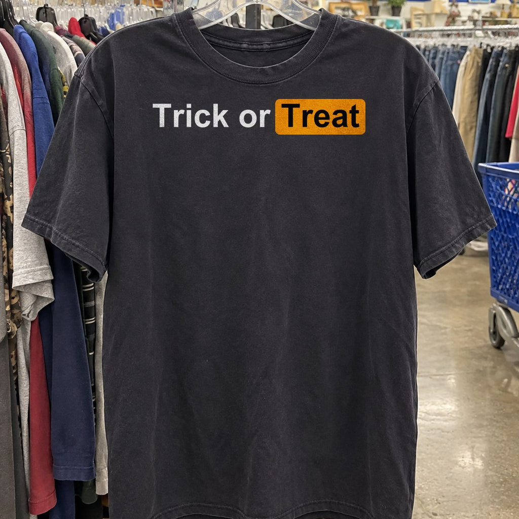 Trick or Treat Shirt on a thrift store rack
