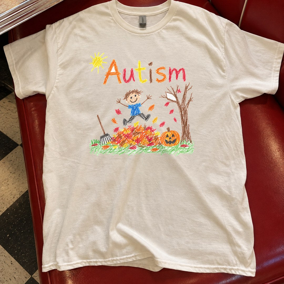 Autism Autumn Shirt in a diner booth