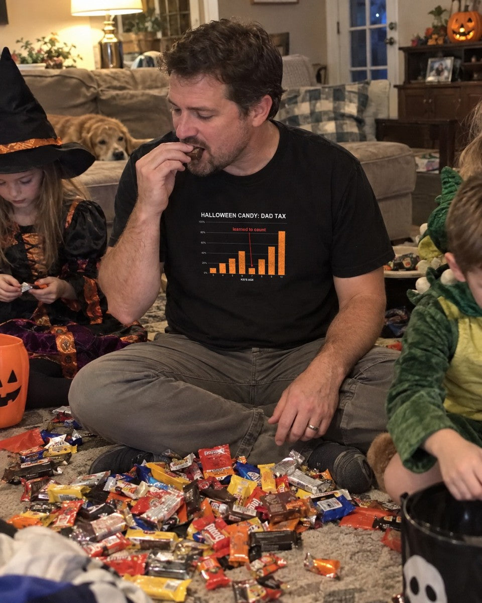 Halloween Candy Dad Tax Shirt worn out in the wild