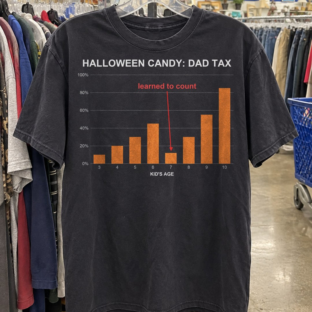 Halloween Candy Dad Tax Shirt on a thrift store rack