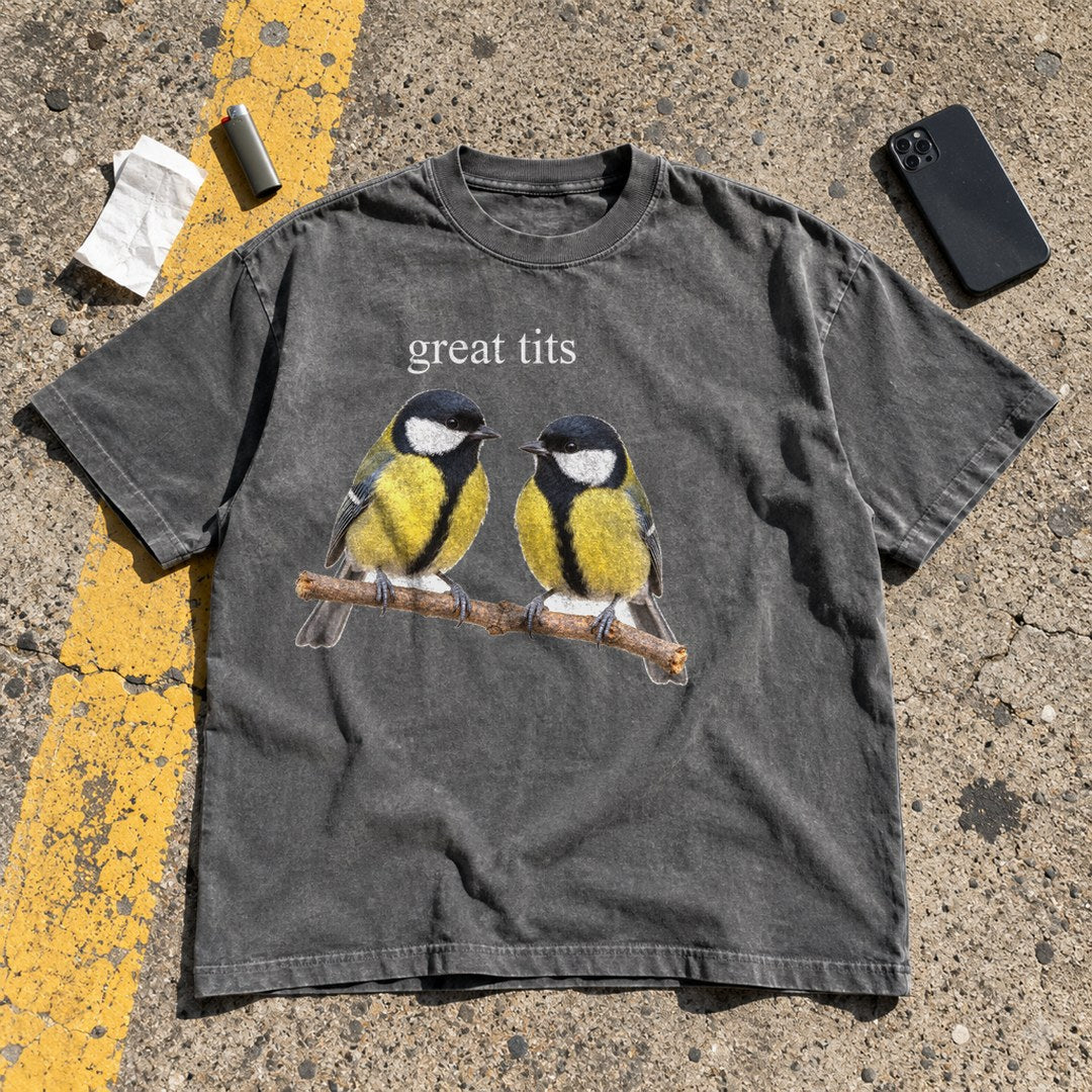 Great Tits Shirt laid flat on a parking lot