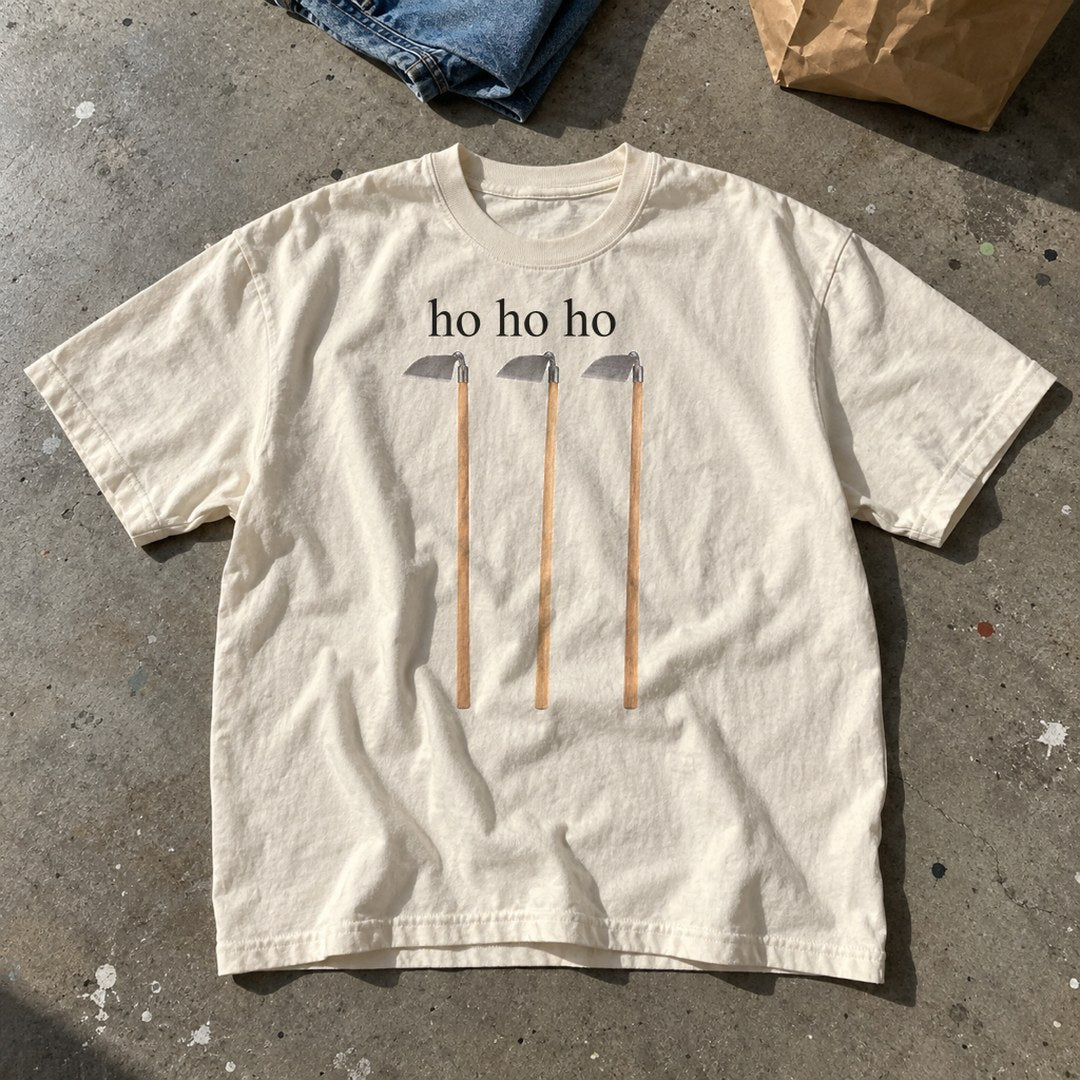 Ho Ho Ho Shirt laid flat on a basement floor