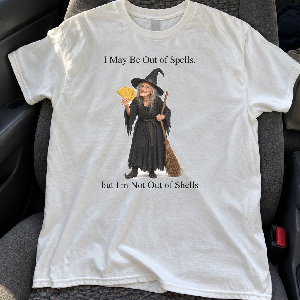 Out of Spells Not Out of Shells Shirt on a car seat