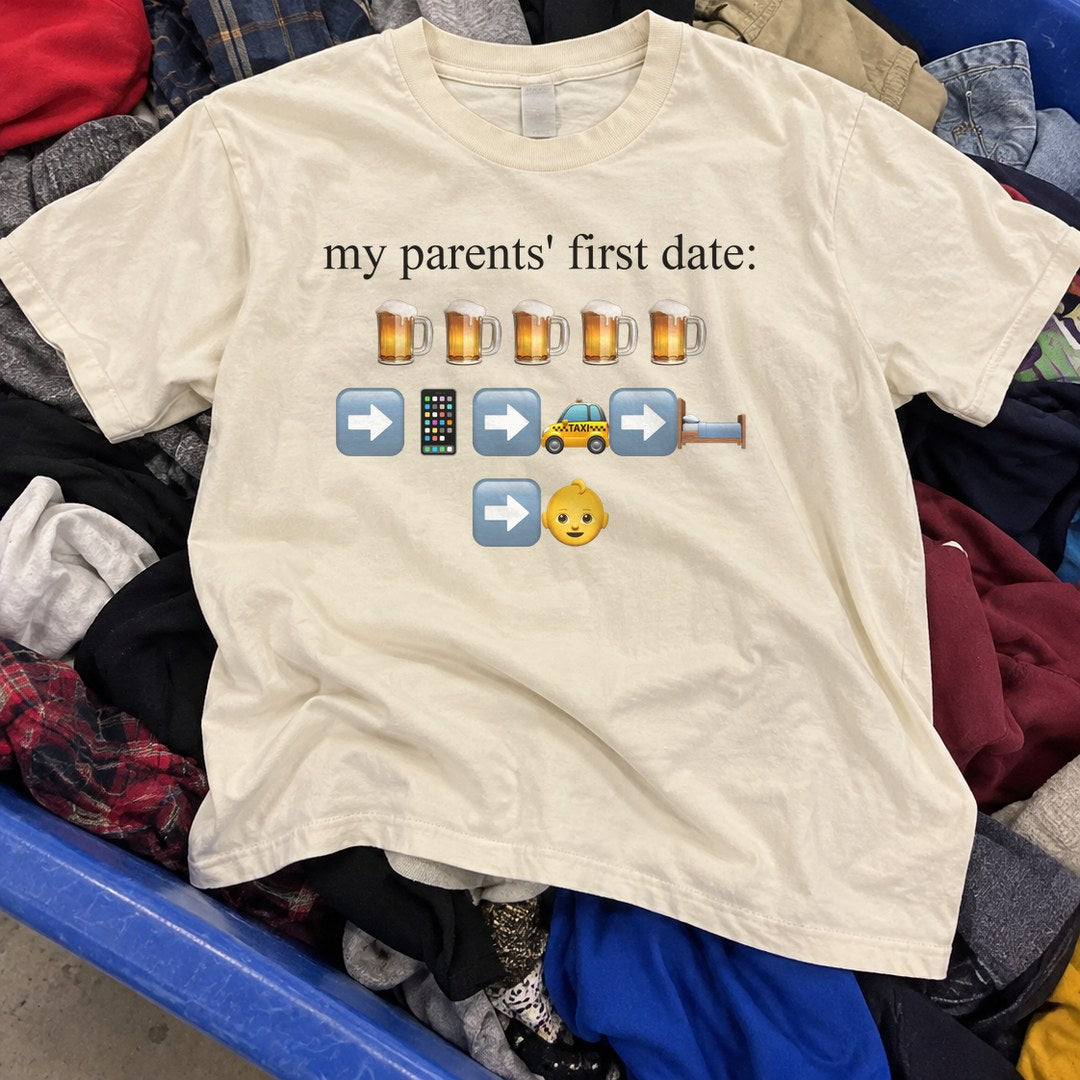 My Parents' First Date Shirt found in a thrift store bin